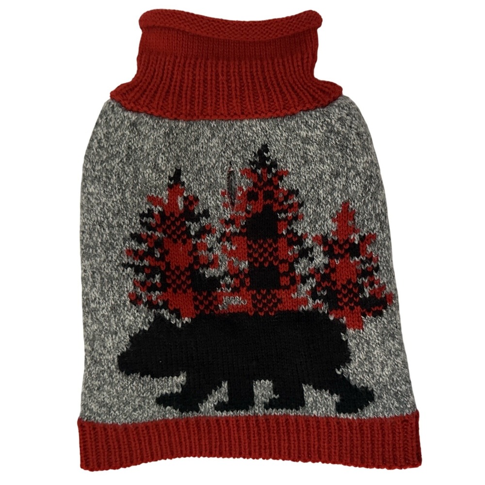Pet Spirit Dog Sweater Extra Small Acrylic Knit Gray Black Red w/Bear Design